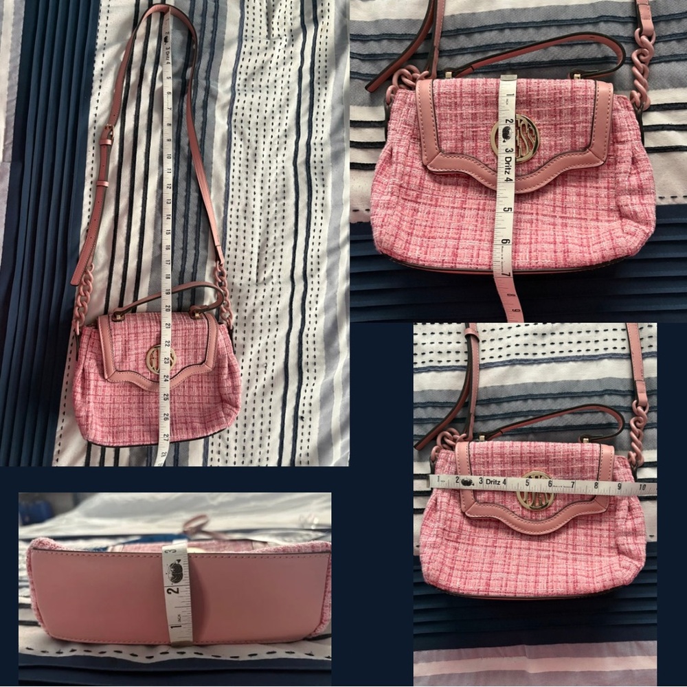 GUESS | Pink Gingham Tweed Crossbody Bag with Leather Trim - Picture 15 of 17